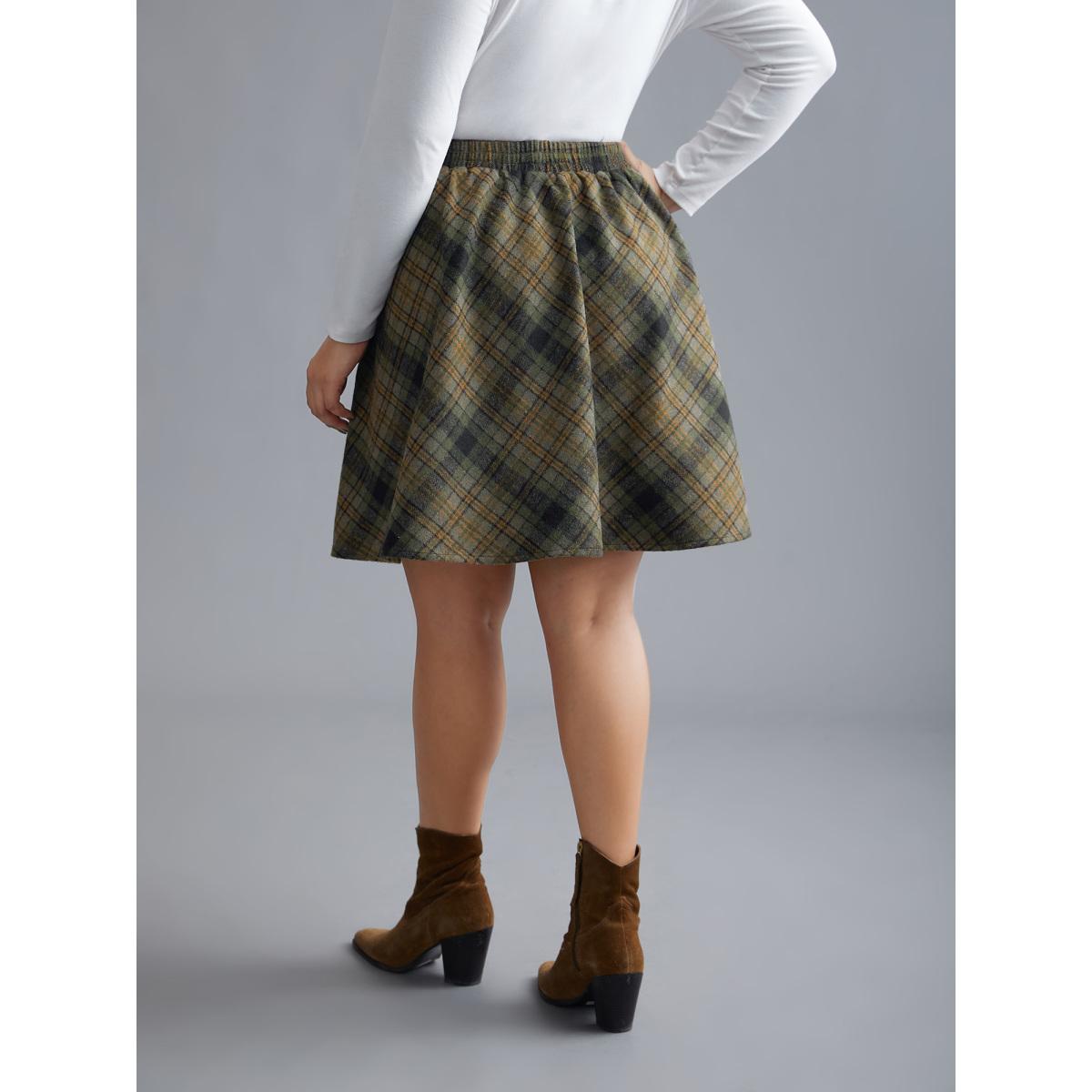 Plus Size Plaid Pattern Elastic Waist A-line Mini Skirt Women Truegreen Elegant Low stretch Slanted pocket Everyday Skirts BloomChic 12/L Product Image