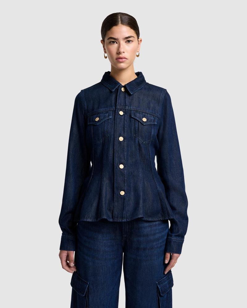 Denim Lustre Flounce Trucker Jacket Product Image