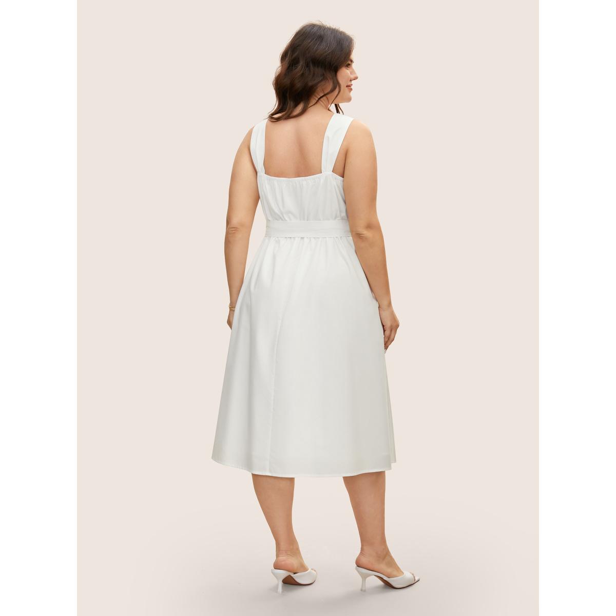 Plus Size Square Neck Button Detail Split Hem Dress Originalwhite Women At the Office Belted Non Sleeveless Curvy BloomChic 22-24/3X Product Image