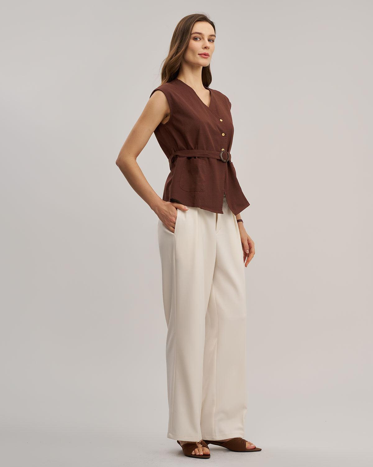 Coffee V Neck Belted Tank Top Product Image