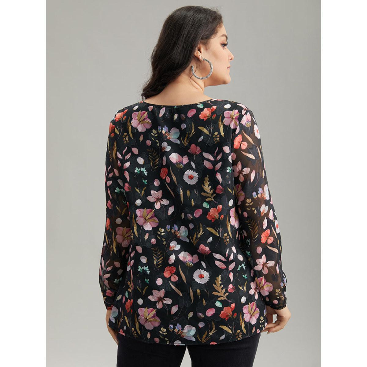 Plus Size BlackFlower Floral Print Chiffon Knot Neck Lantern Sleeve Blouse Women Elegant Long Sleeve Tie Neck Dailywear Blouses BloomChic 22-24/3X Product Image