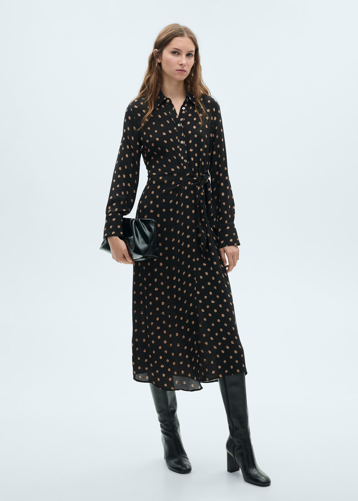 Polka-dot shirt dress with knot detail - Women | MANGO USA Product Image