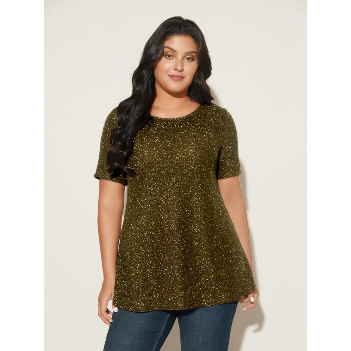 Plus Size Shimmering Gold & Silver Thread A-Line Tee Black Women Leisure Non Round Neck Loose Casual T-shirts BloomChic 12/L Product Image