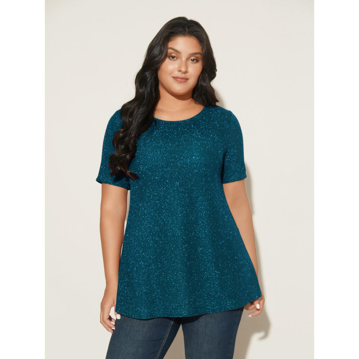 Plus Size Shimmering Gold & Silver Thread A-Line Tee Black Women Leisure Non Round Neck Loose Casual T-shirts BloomChic 12/L Product Image