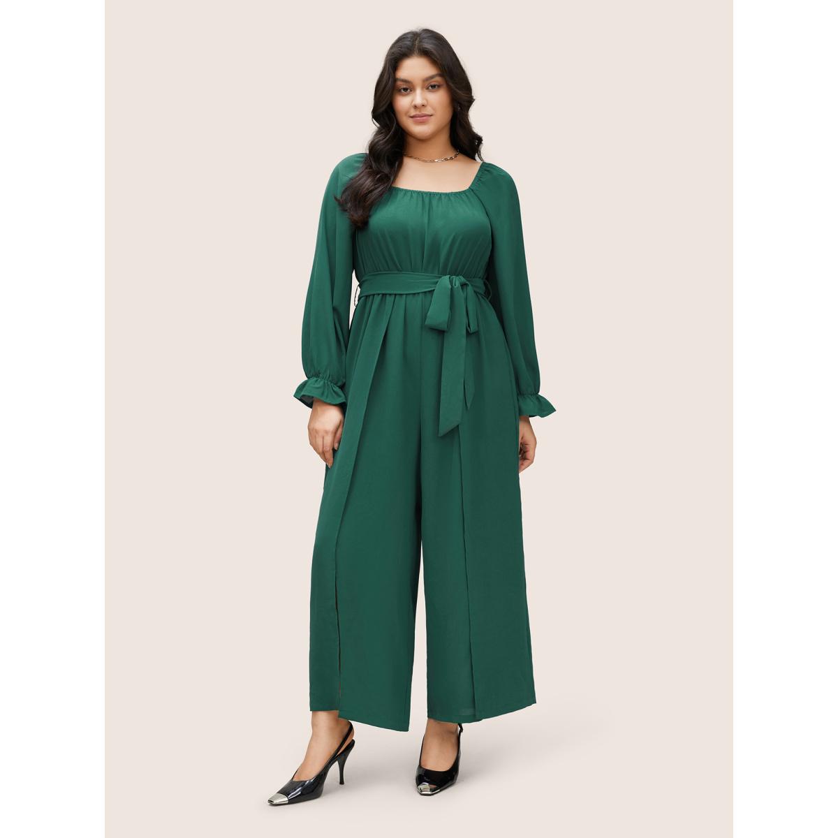 Plus Size Emerald Plain Square Neck Belted Split Hem Jumpsuit Women Resort Long Sleeve Square Neck Vacation Loose Jumpsuits BloomChic 22-24/3X Product Image
