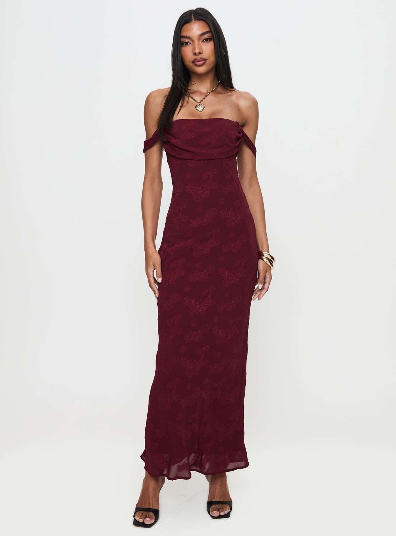Azura Off The Shoulder Maxi Dress Burgundy Product Image