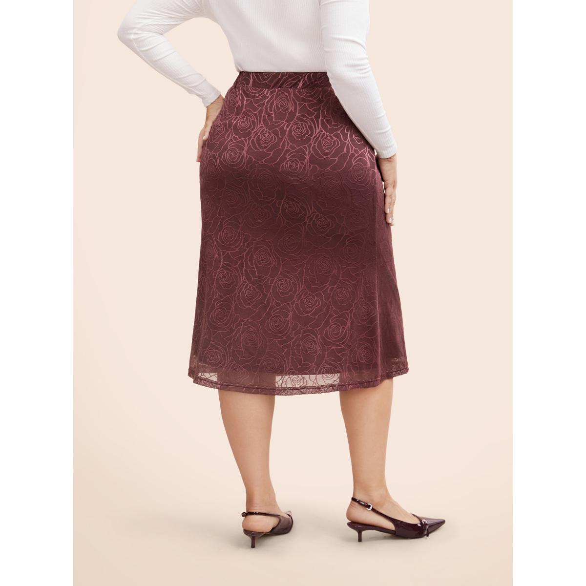 Plus Size Floral Textured Mesh Elastic Waist Skirt Women Deepred Casual See through Medium stretch Everyday Skirts BloomChic 14-16/1X Product Image