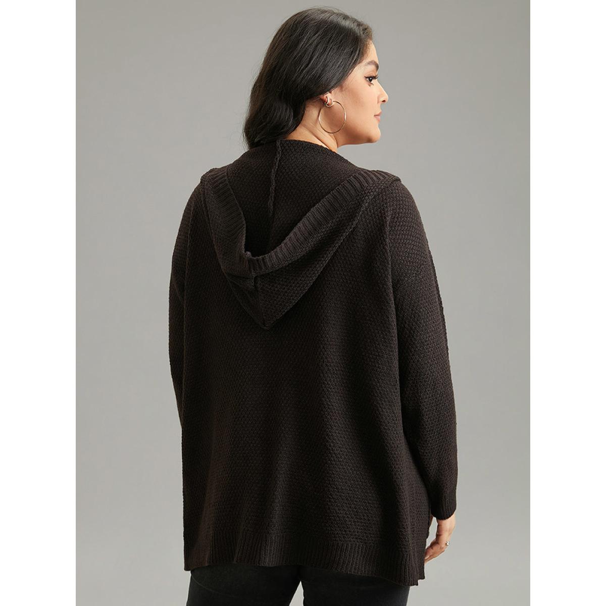 Plus Size Plain Hooded Pocket Open Front Cardigan DarkBrown Women Casual Loose Long Sleeve Dailywear Cardigans BloomChic 26/4X Product Image