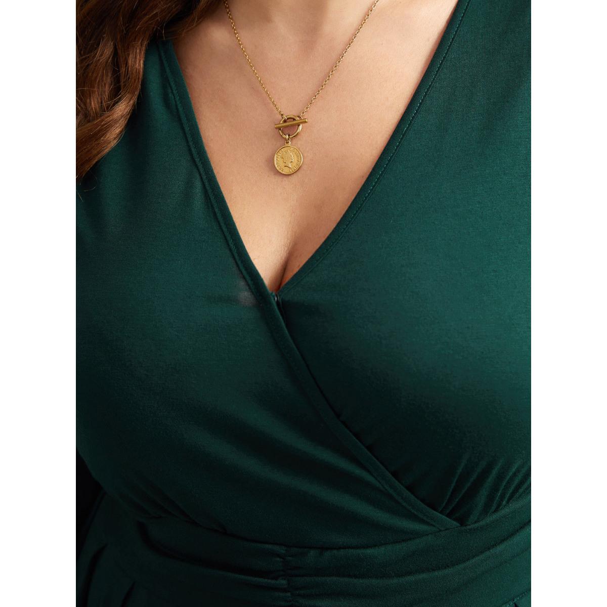 Plus Size Supersoft Essentials Ruched Wrap Pleated Hem Dress DarkGreen Women Casual Non Overlap Collar Long Sleeve Curvy Midi Dress BloomChic 14-16/1X Product Image