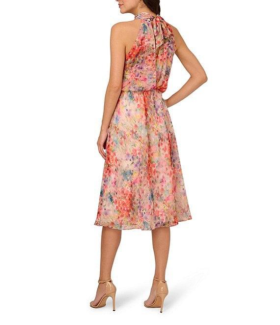 Adrianna Papell Chiffon Floral Print Halter Neck Sleeveless Blouson Midi Dress Product Image