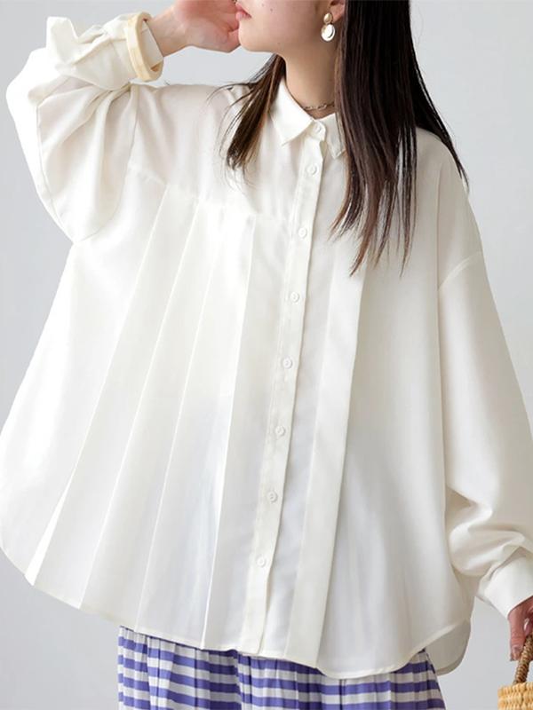 Long Sleeves Loose Buttoned Pleated Solid Color Lapel Blouses&Shirts Tops Product Image
