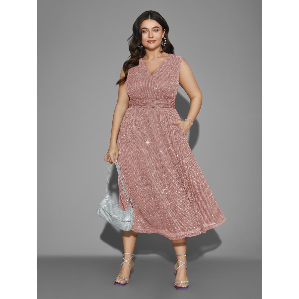 Plus Size Sequin Surplice Neckline Sleeveless Midi Dress Beanpastepowder Women Cocktail Texture Party Curvy Bloomchic 28/5X Product Image