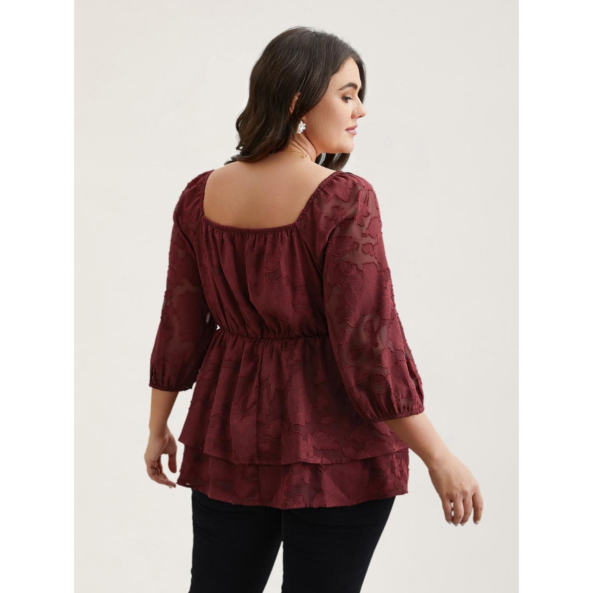Plus Size Burgundy Sweetheart Neckline Jacquard Layered Blouse Women Elegant Elbow-length sleeve Heart neckline Everyday Blouses BloomChic 18-20/2X Product Image