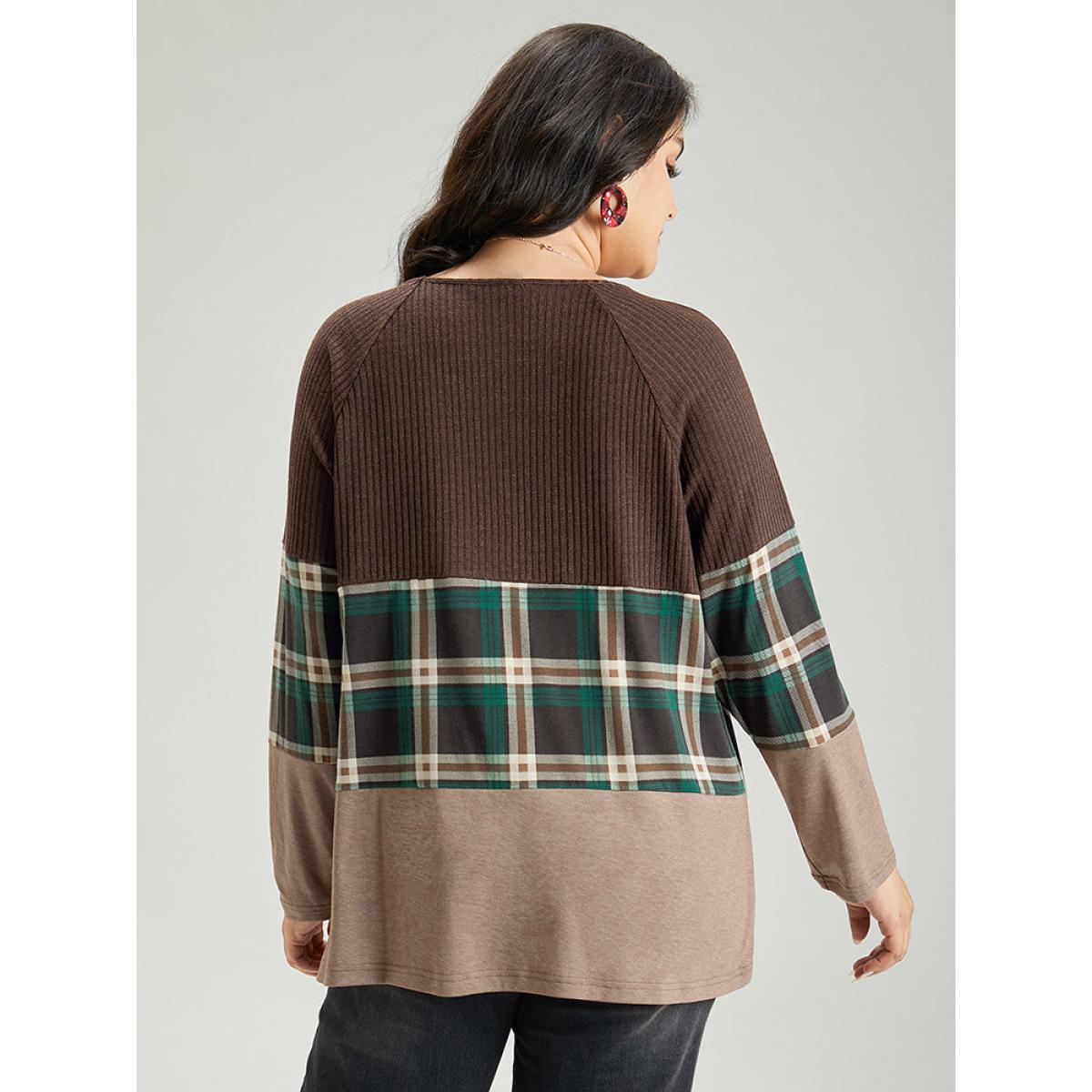 Plus Size Colorblock Plaid Patchwork Button Detail T-shirt DarkBrown Women Casual Contrast Plaid Round Neck Festival-Christmas T-shirts BloomChic 14-16/1X Product Image