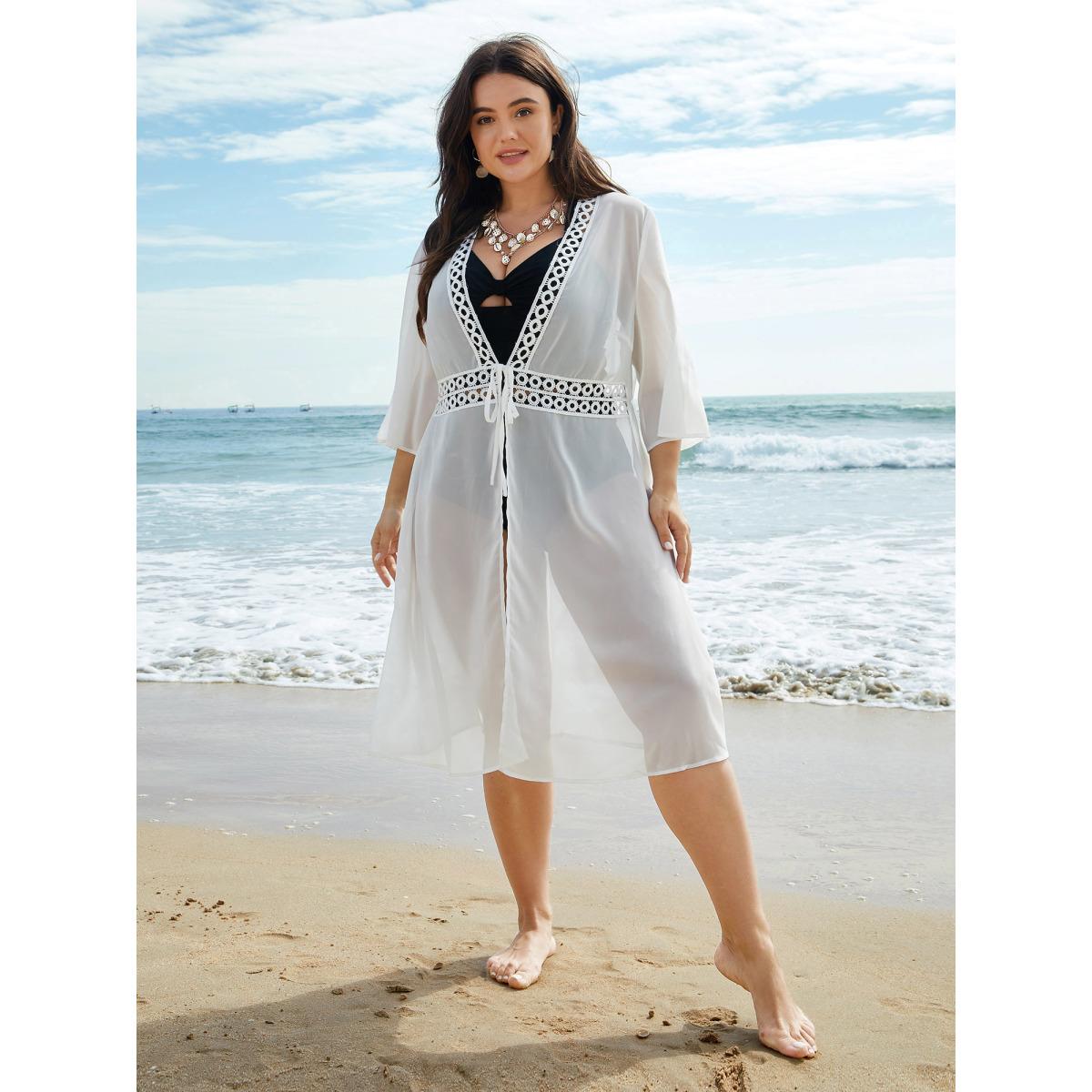 Plus Size Lace Patchwork Sheer Open-Front Kimono Women Originalwhite Elegant Woven ribbon&lace trim Everyday Kimonos BloomChic 18-20/2X Product Image