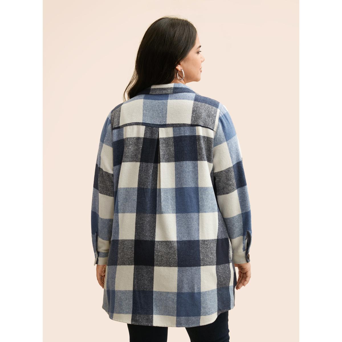 Plus Size Plaid Chest Pockets Long Jacket Women LightBlue Button Loose Side seam pocket Casual Jackets BloomChic 22-24/3X Product Image