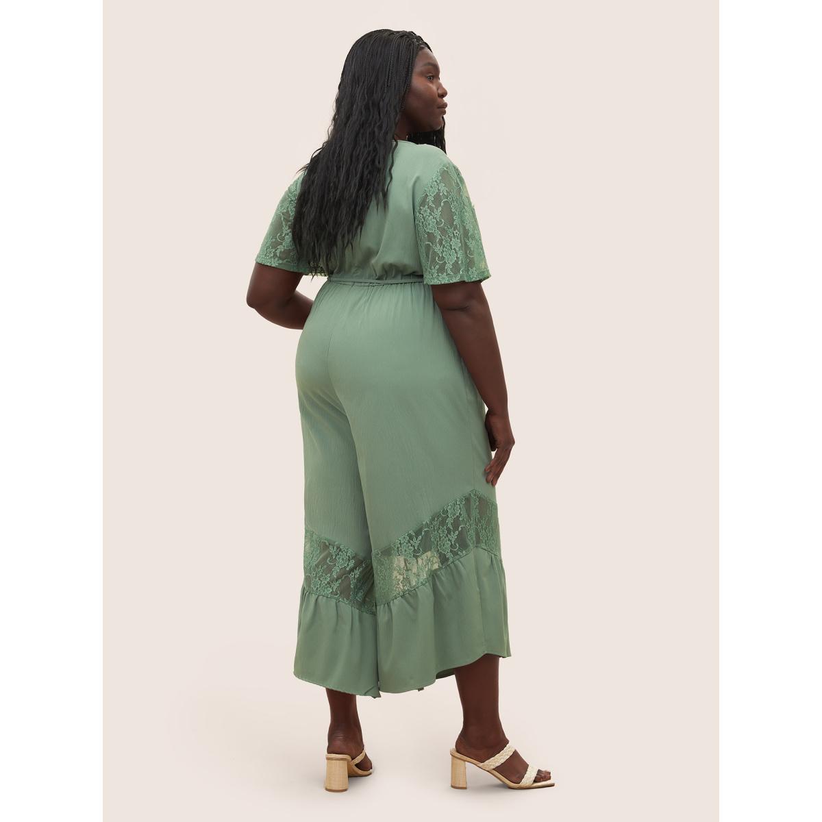 Plus Size Sage Solid Crochet Lace Mesh Ties Jumpsuit Women Resort Short sleeve V-neck Vacation Loose Jumpsuits BloomChic 14-16/1X Product Image