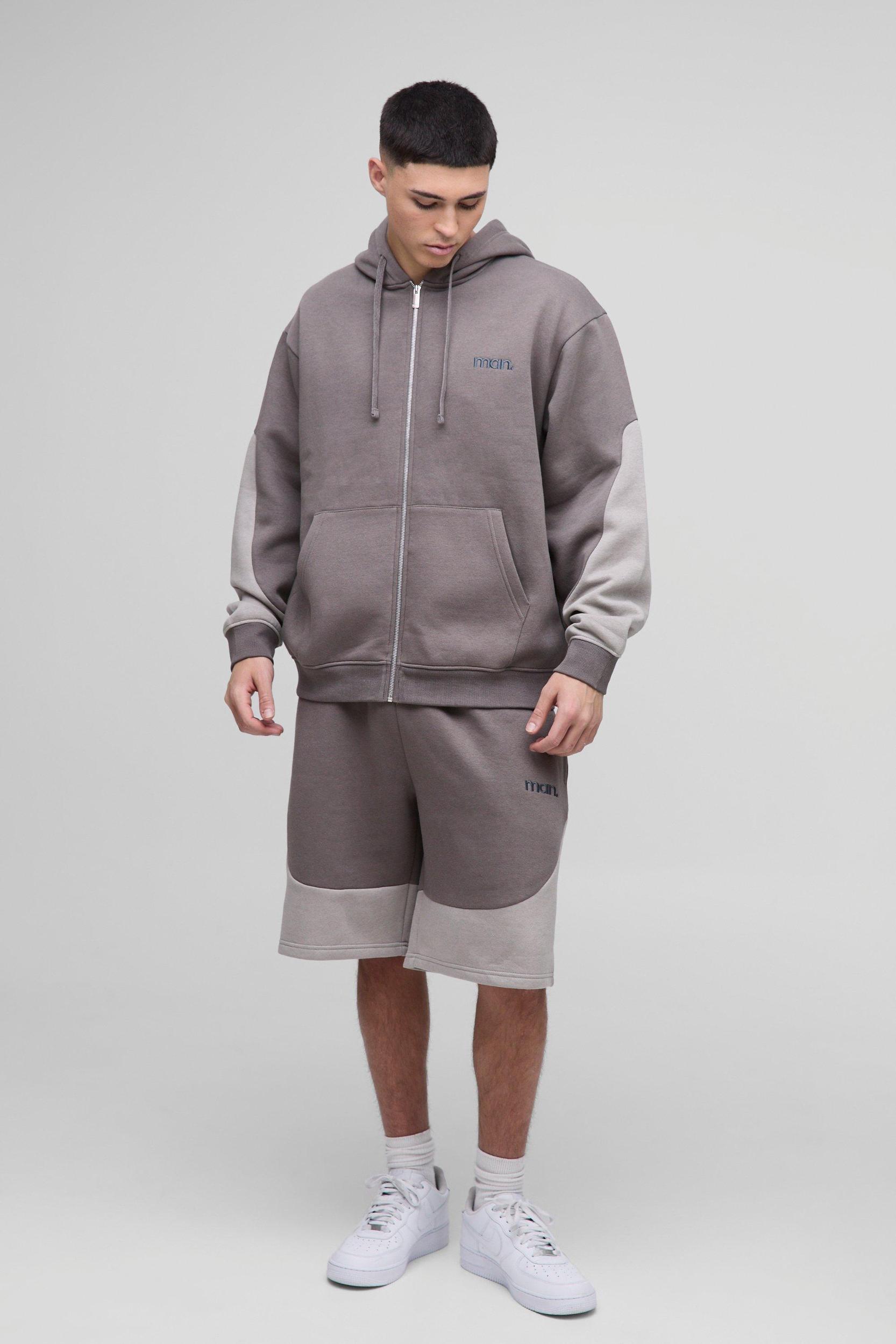 Oversized Man Colour Block Short Zip Hooded Tracksuit | boohooMAN USA Product Image