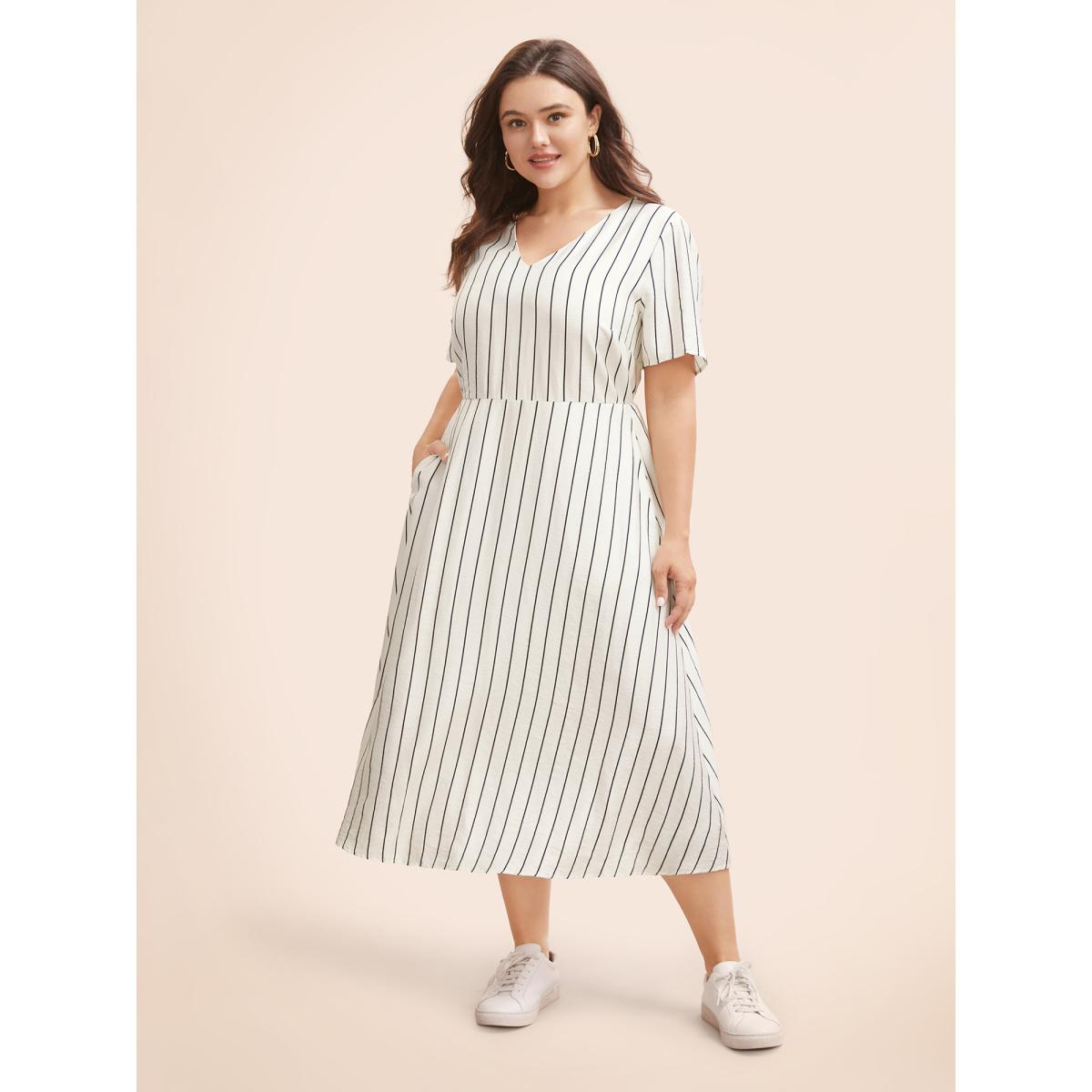Plus Size Striped V Neck Pocket Midi Dress Ivory Women Casual Non V-neck Short sleeve Curvy BloomChic 14-16/1X Product Image