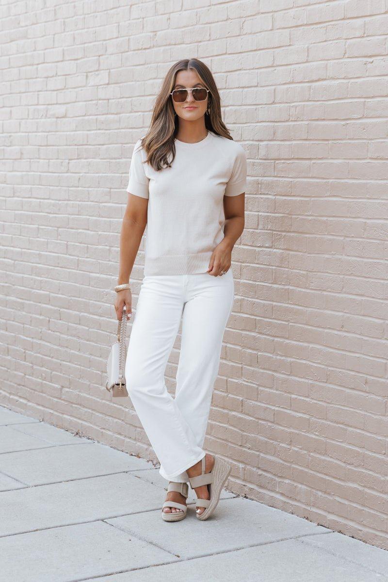 Beige Short Sleeve Crew Neck Sweater Product Image