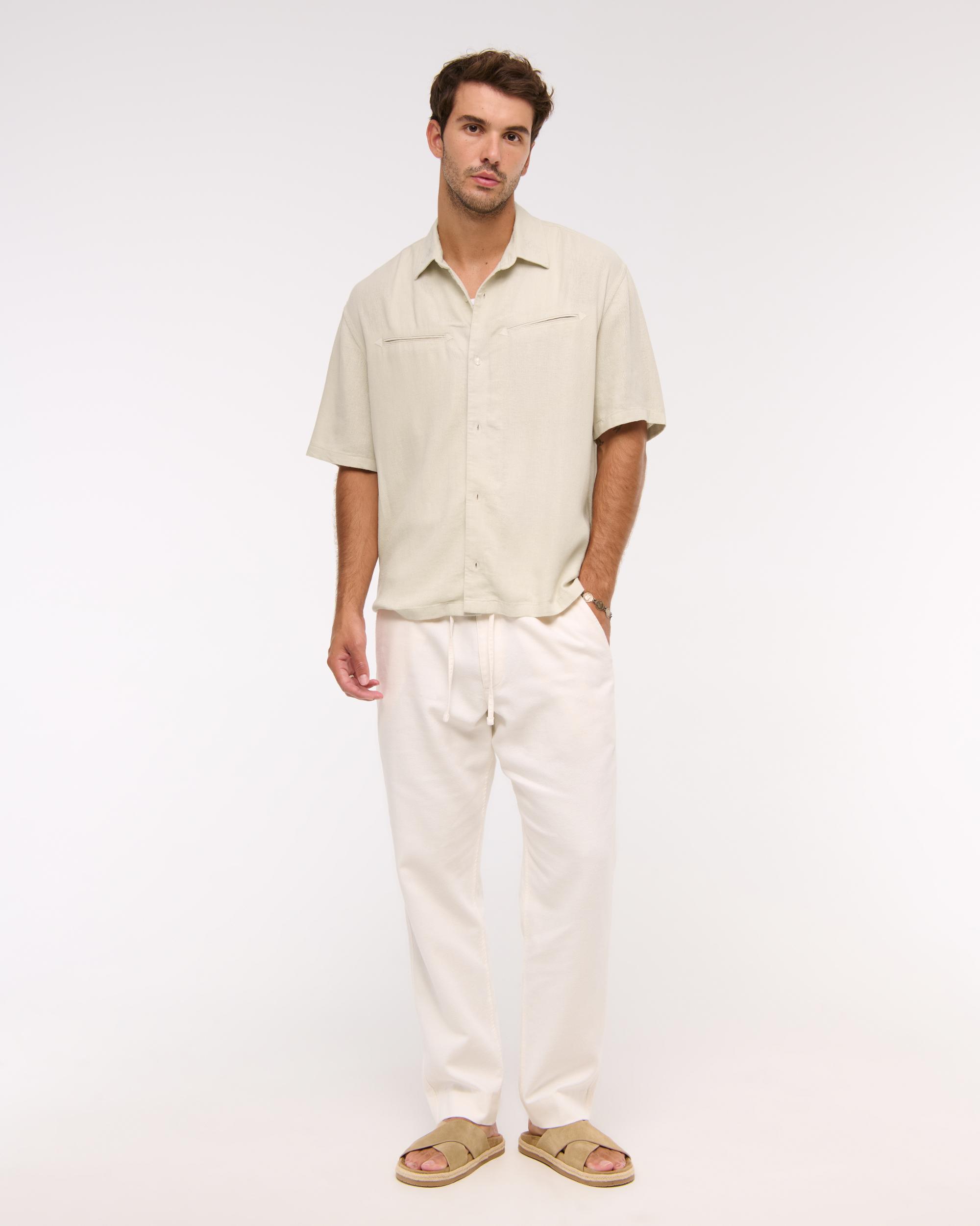 Short-Sleeve Summer Linen-Blend Button-Up Shirt Product Image