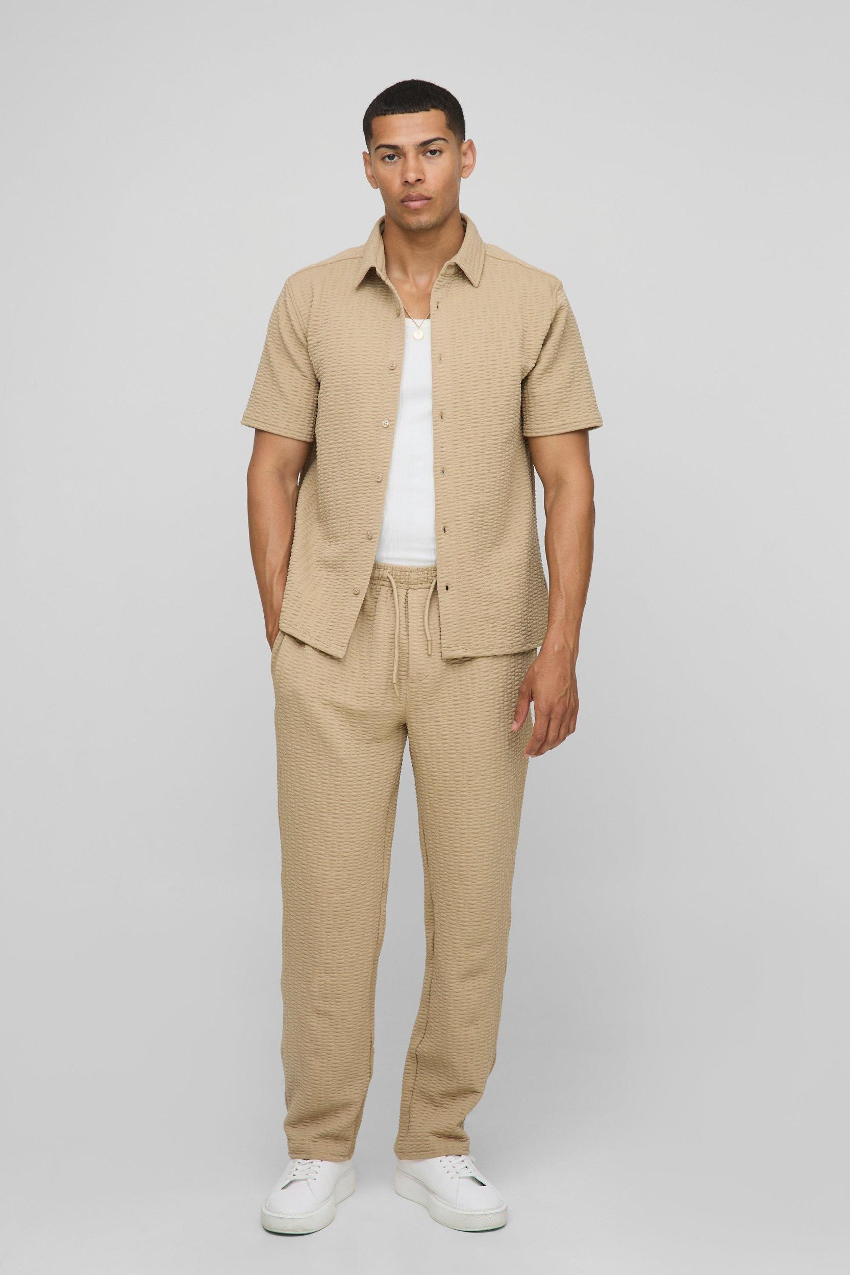 Short Sleeve Textured Stretch Shirt And Trousers Set | boohooMAN USA Product Image