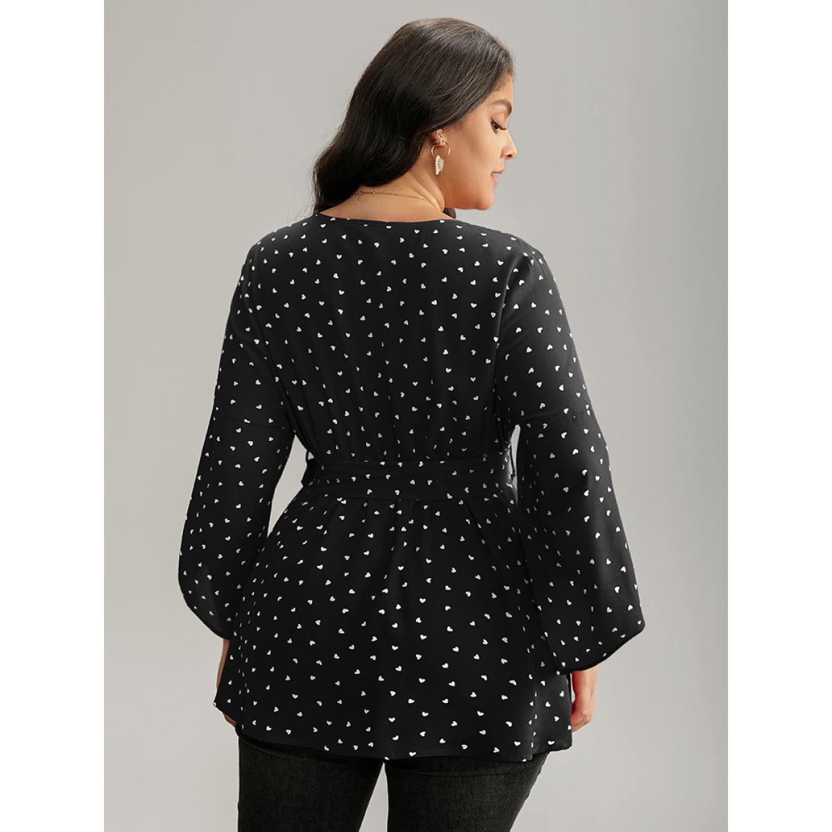 Plus Size Black Heart Print Belted Petal Sleeve High Low Hem Blouse Women Elegant Elbow-length sleeve Round Neck Everyday Blouses BloomChic 26/4X Product Image