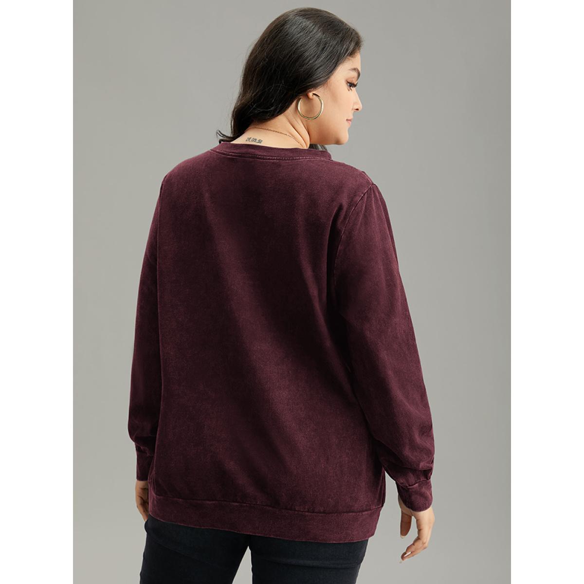 Plus Size Solid Letter Print Crew Neck Sweatshirt Women Burgundy Casual Printed Dailywear Sweatshirts BloomChic 22-24/3X Product Image