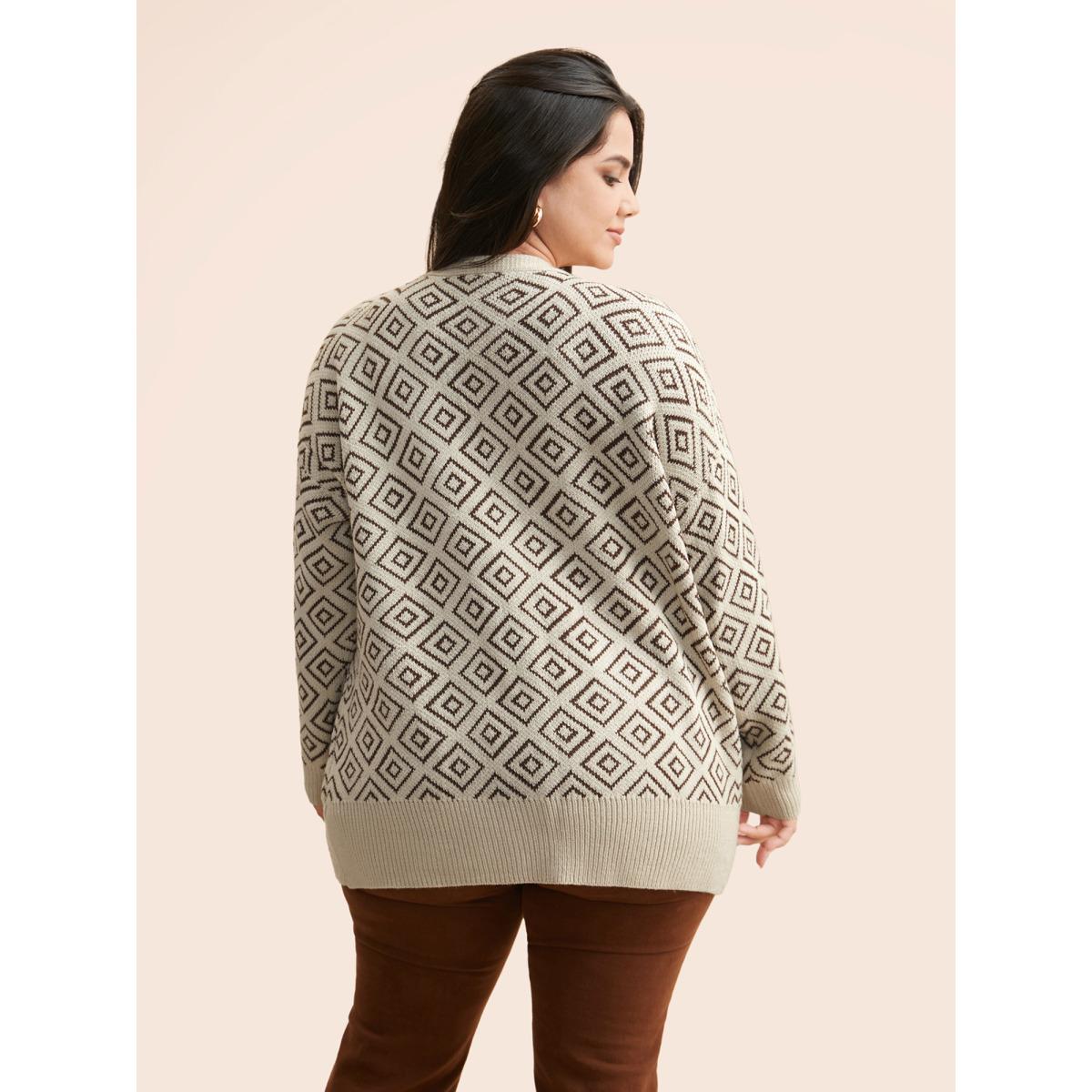 Plus Size Geometric Drop Shoulder Patch Pocket Cardigan WhiteSmoke Women Leisure Loose Long Sleeve Casual Cardigans BloomChic 22-24/3X Product Image