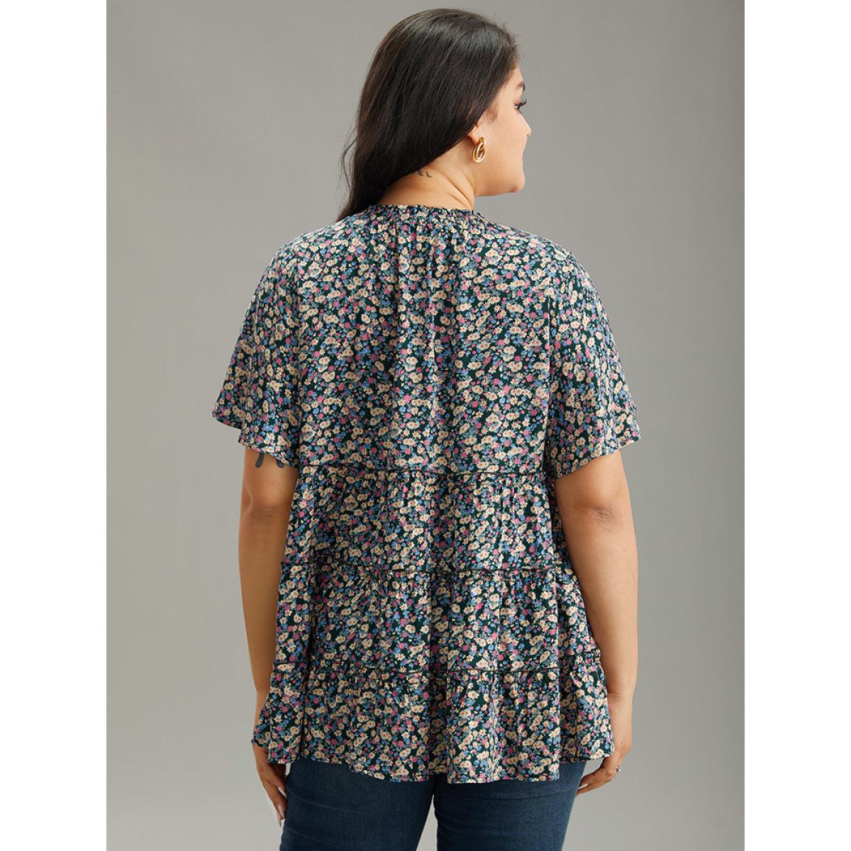 Plus Size DarkGreen Ditsy Floral Frill Trim Shirred Mock Neck Blouse Women Elegant Short sleeve Halter neck Dailywear Blouses BloomChic 30/6X Product Image