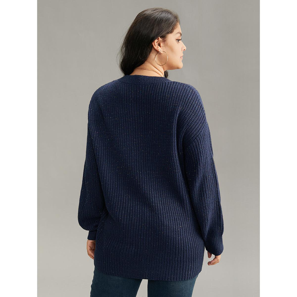 Plus Size Cable Knit Lurex V Neck Pullover Indigo Women Casual Loose Long Sleeve V-neck Dailywear Pullovers BloomChic 18-20/2X Product Image