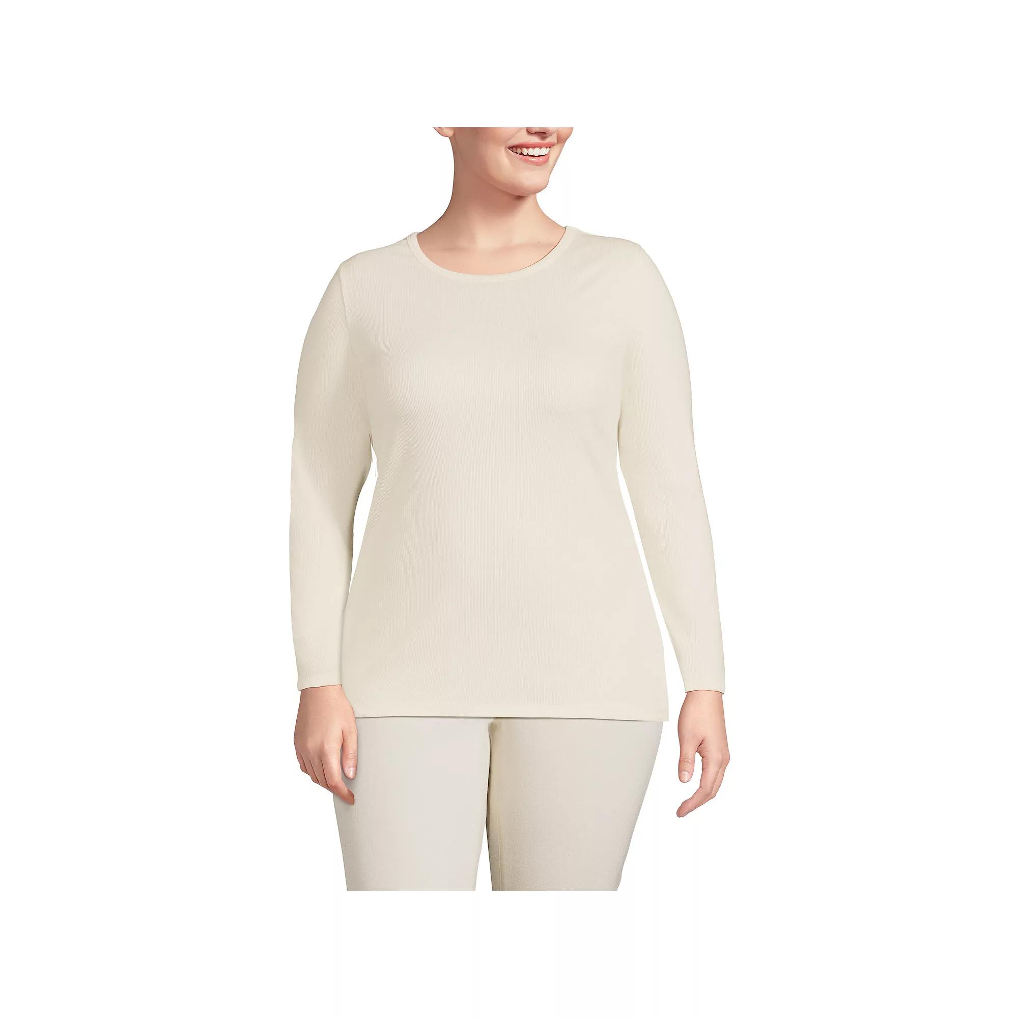 Plus Size Lands' End Long Sleeve Micro Rib Crewneck Top, Women's, Size: 2XL, White Product Image