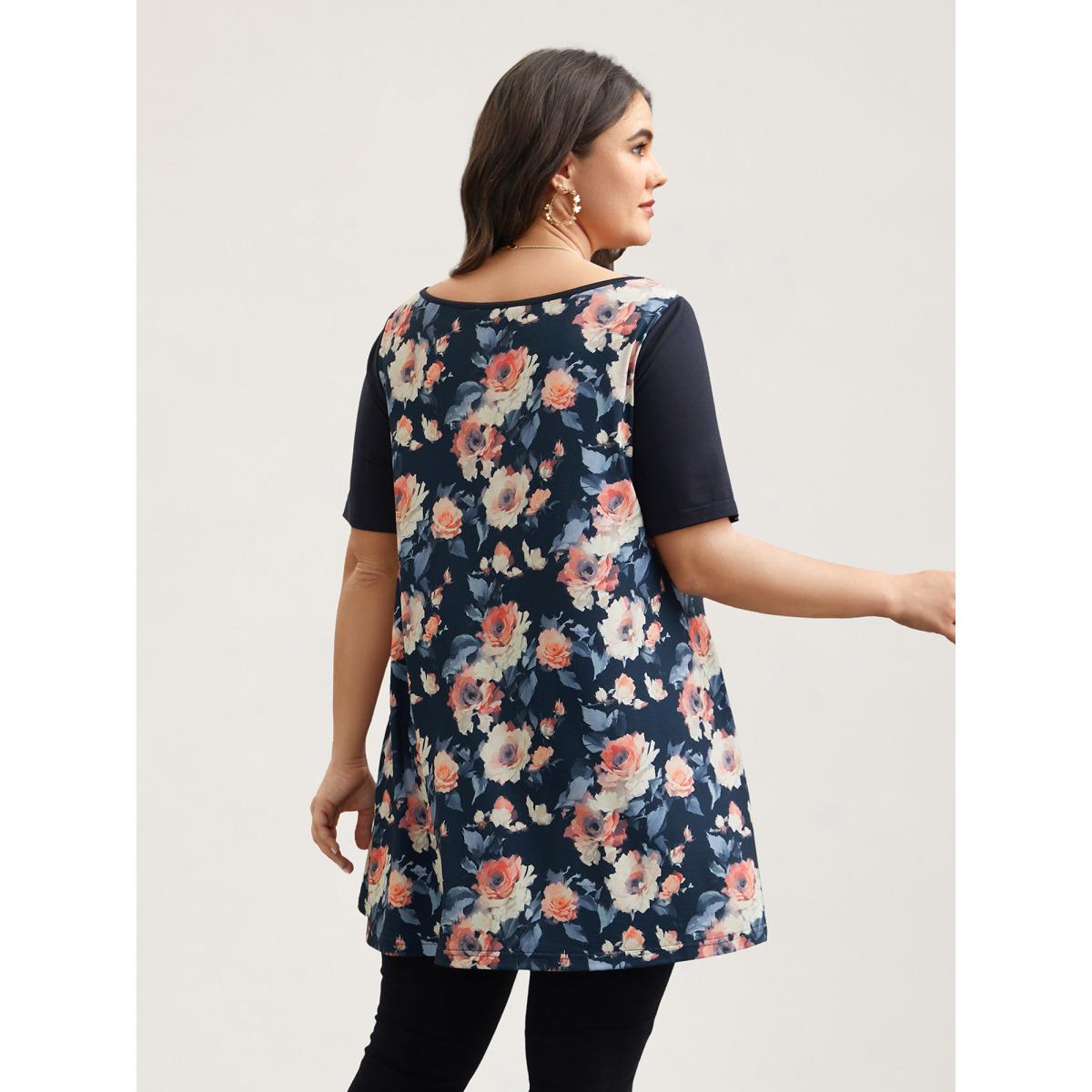 Plus Size Round Neck Floral Print Patchwork Half Sleeve T-Shirt Midnight Women Elegant Contrast Natural Flowers Boat Neck Loose Everyday T-shirts BloomChic 22-24/3X Product Image