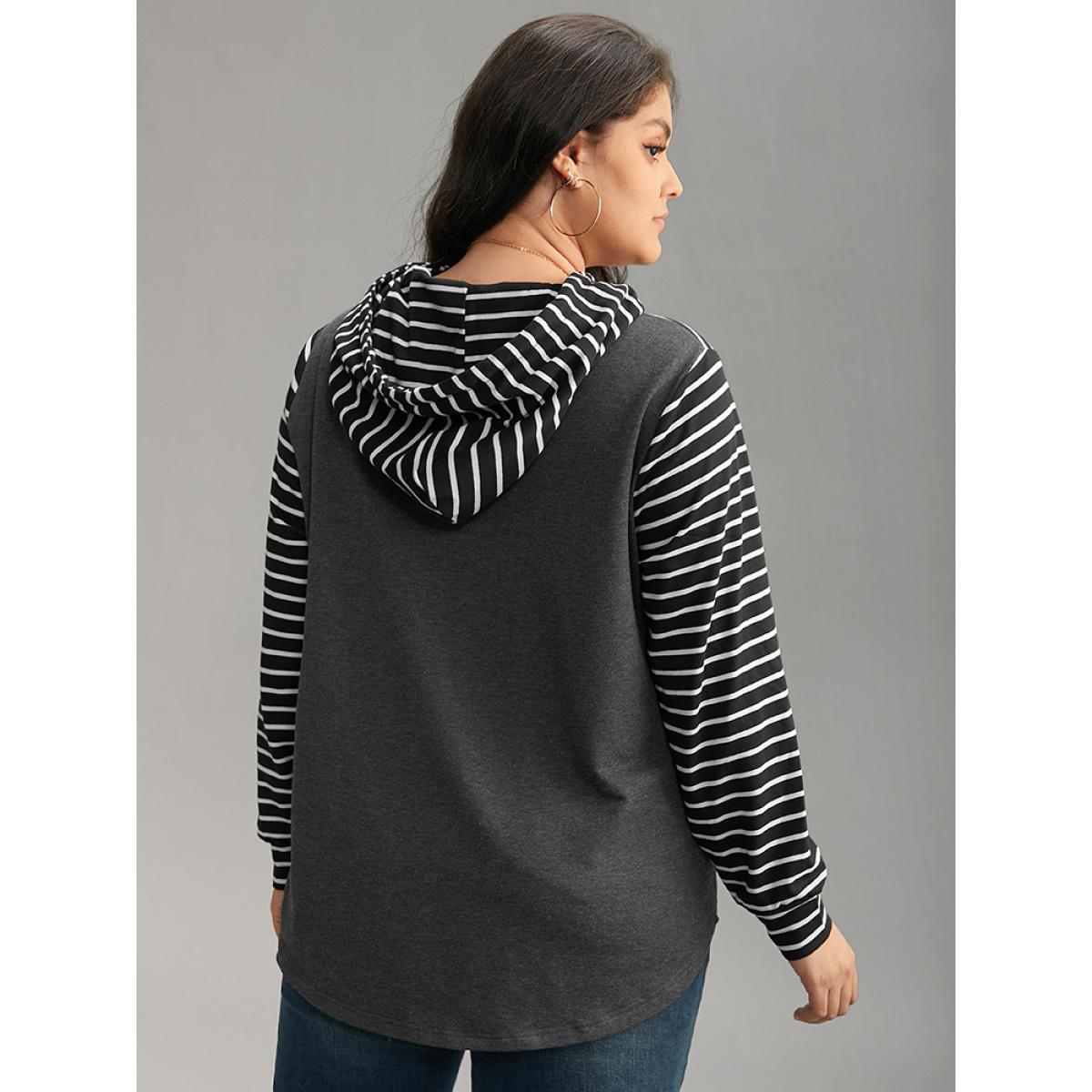 Plus Size Striped Patchwork Hooded Pocket Drawstring Sweatshirt Women DimGray Casual Contrast Hooded Everyday Sweatshirts BloomChic 14-16/1X Product Image