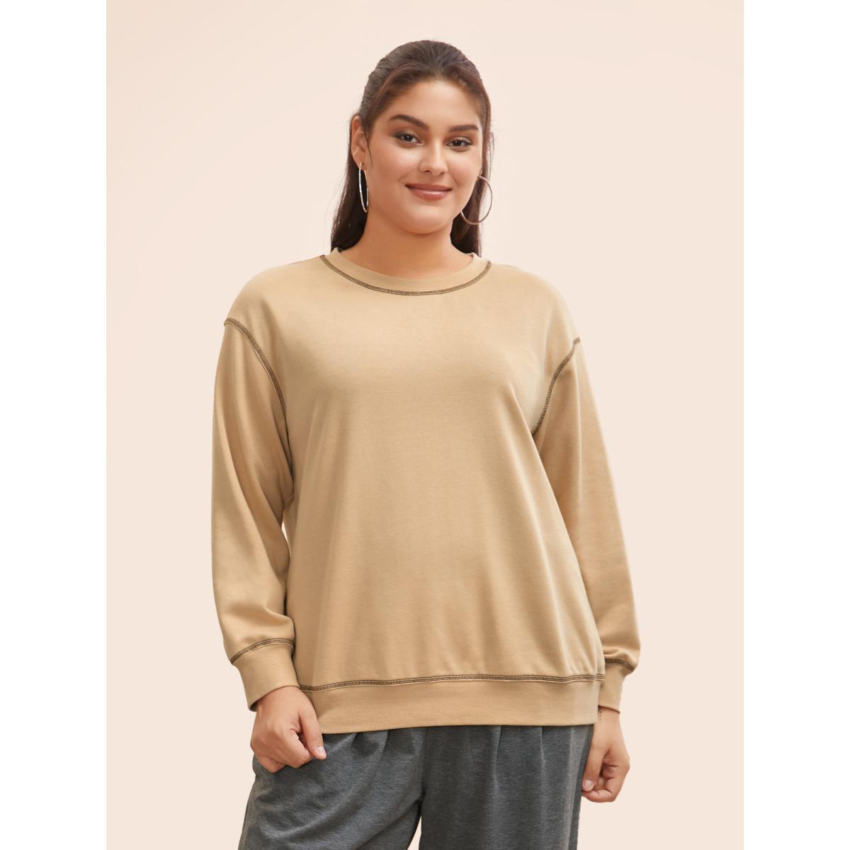 Plus Size Round Neck Topstitching Patchwork Sweatshirt Women Champagne Casual Topstitching Round Neck Everyday Sweatshirts BloomChic 26/4X Product Image