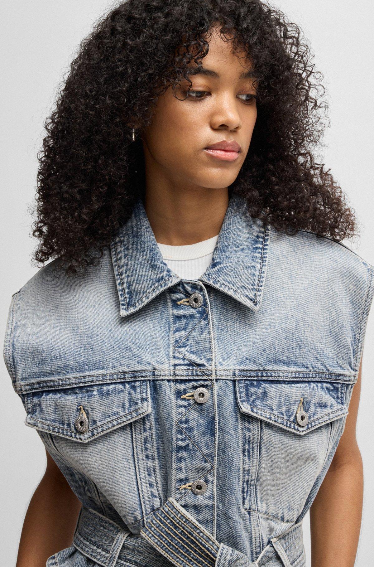 HUGO - Sleeveless denim jacket with stitched belt - Blue Product Image