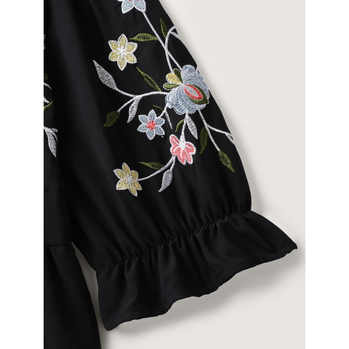 Plus Size Floral Embroidered V-Neck Pockets Knee Dress Black Women Boho V-neck Elbow-length sleeve Curvy BloomChic 18-20/2X Product Image