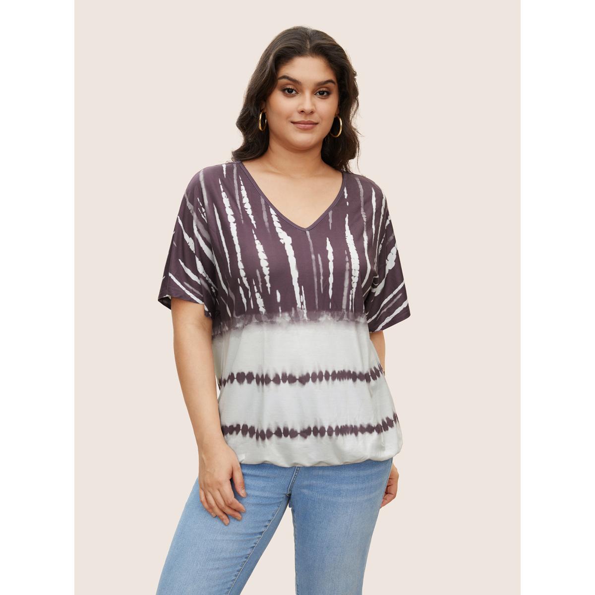 Plus Size Tie Dye Batwing Sleeve T-shirt Mauve Women Casual Tie Dye V-neck Everyday T-shirts BloomChic 18-20/2X Product Image