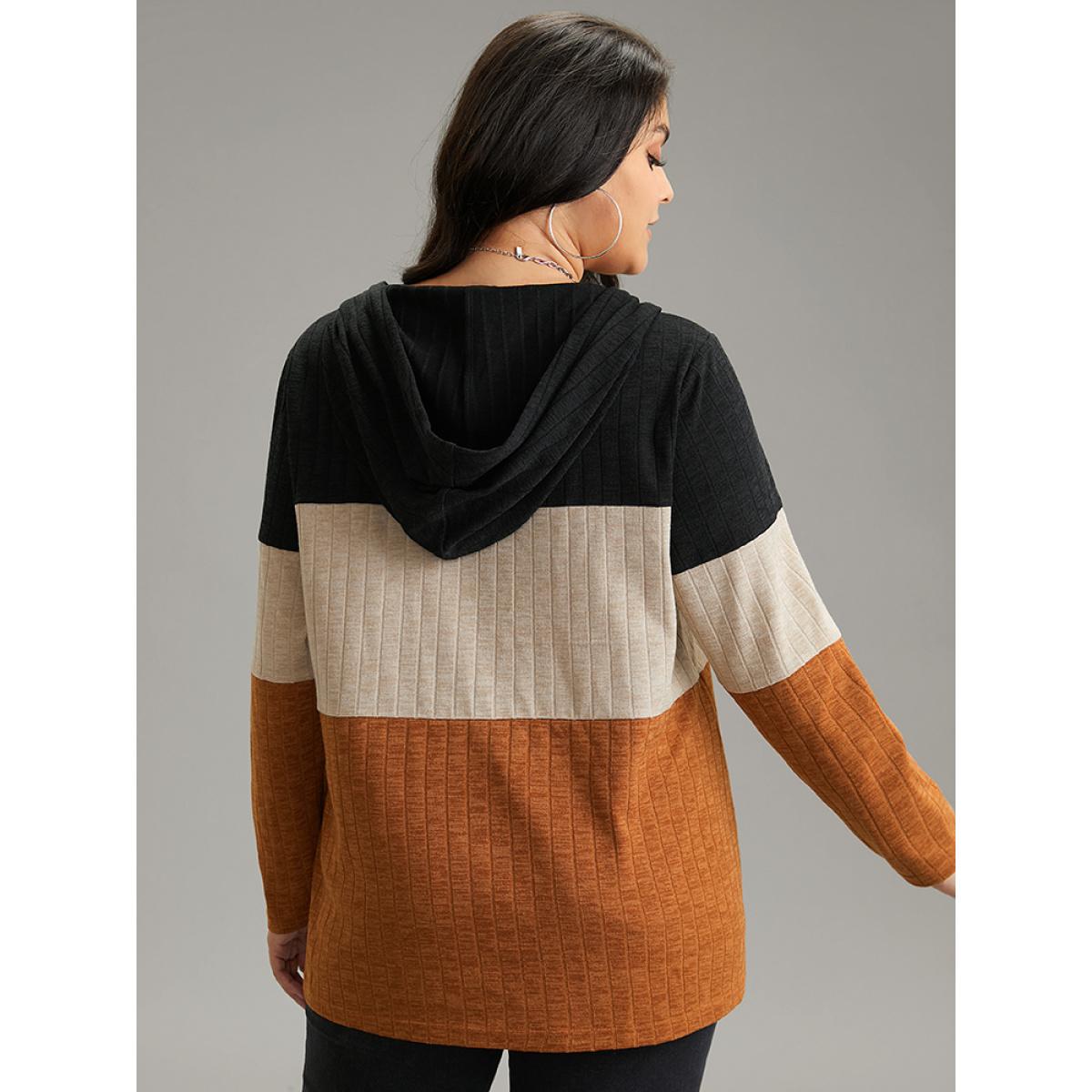 Plus Size Rib Knit Colorblock Contrast Half Zip Hooded Sweatshirt Women Black Casual Texture Hooded Dailywear Sweatshirts BloomChic 12/L Product Image