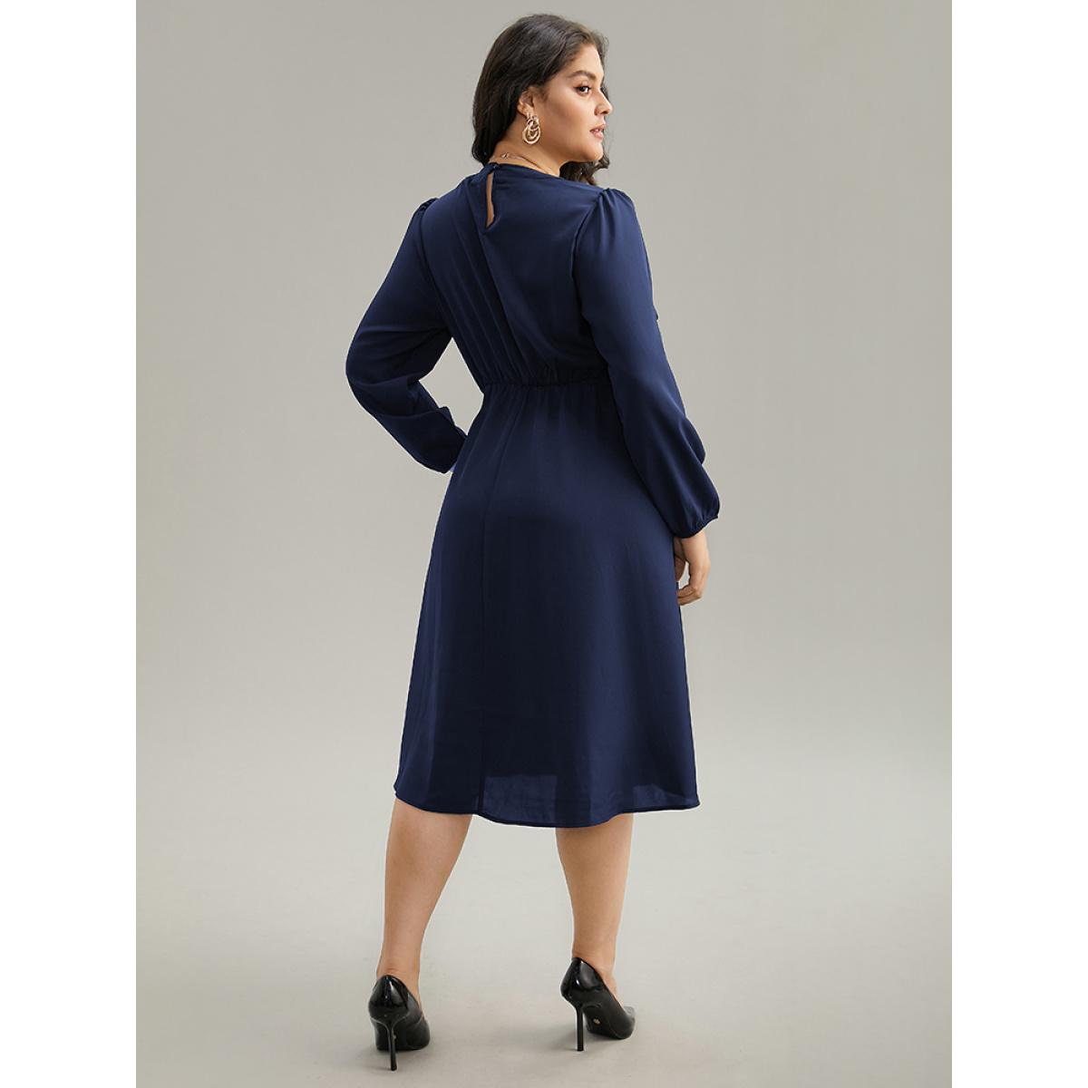 Plus Size Static-Free Metal Detail Plicated Detail Dress Navy Women Office Elastic cuffs Round Neck Long Sleeve Curvy Midi Dress BloomChic 18-20/2X Product Image