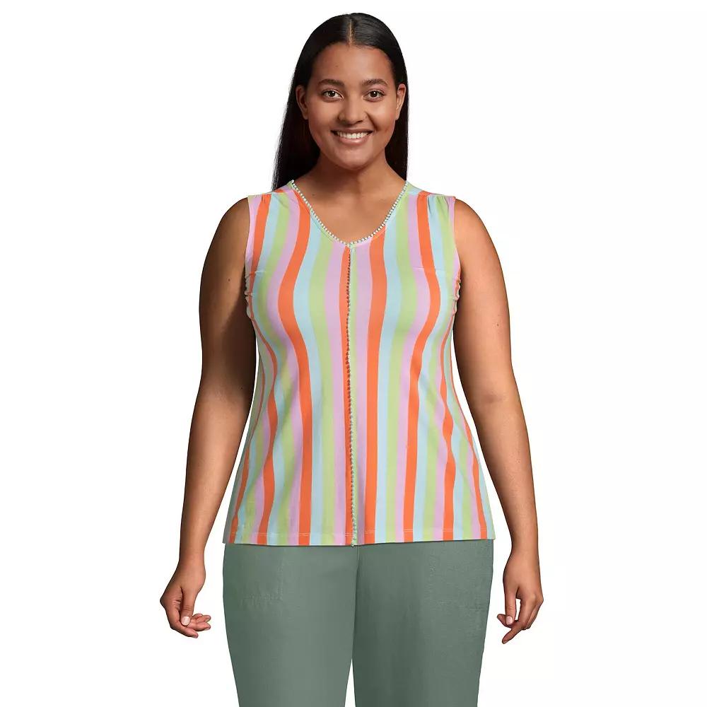 Plus Size Lands' End Trimmed V-Neck Tank Top, Women's, Size: 1XL, Orange Team Stripes Product Image