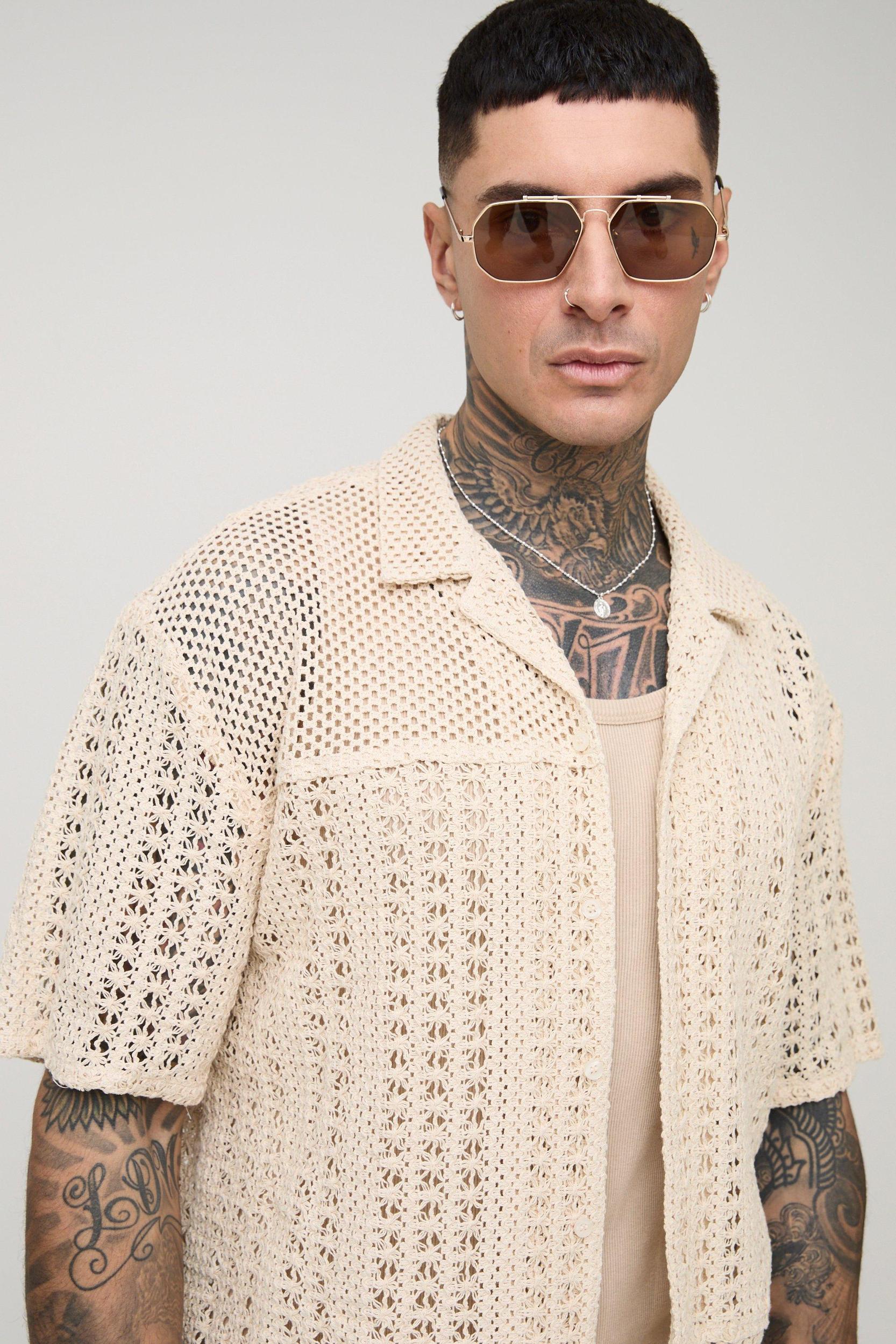Tall Oversized Crochet Panel Revere Shirt | boohooMAN USA Product Image