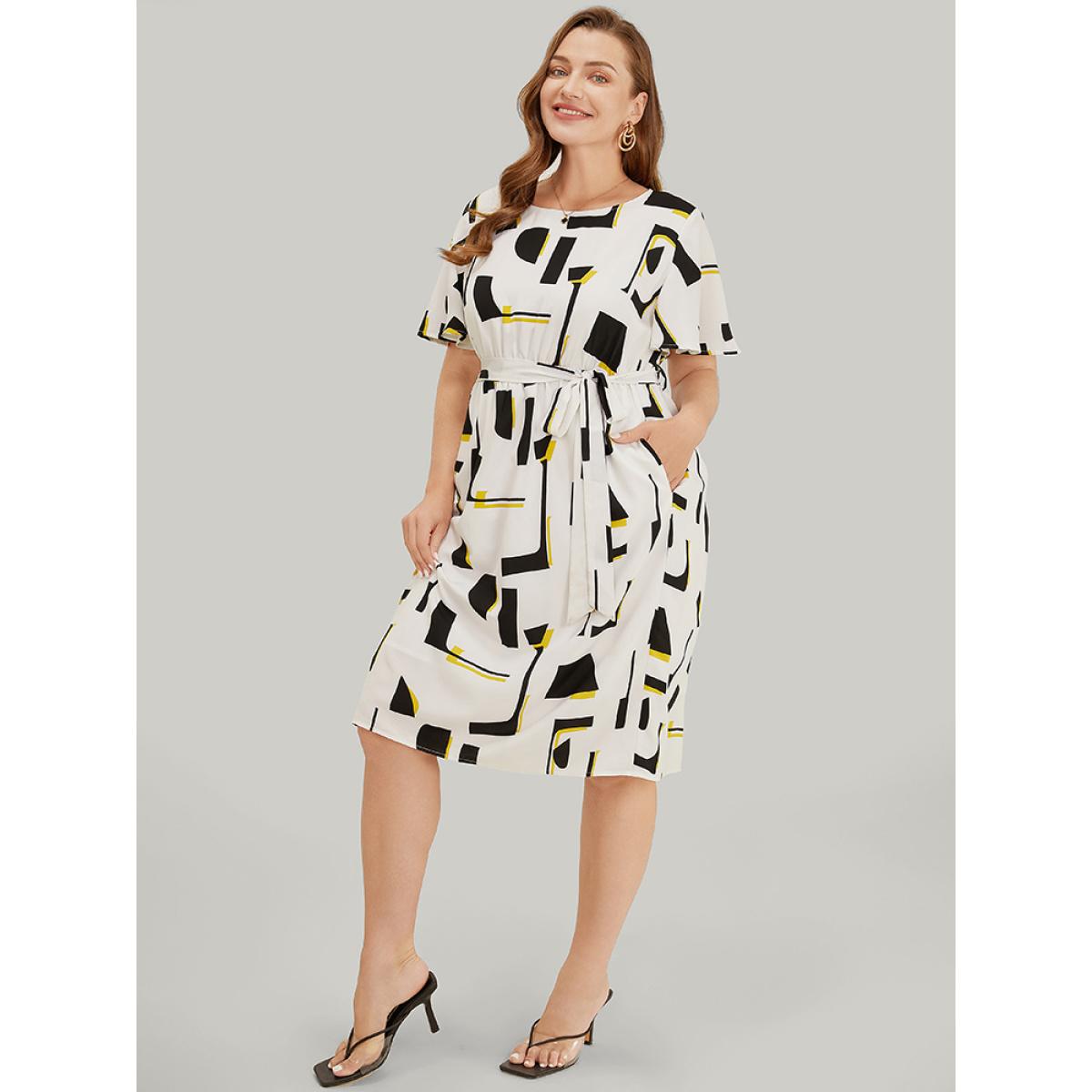 Plus Size Geometric Print Pocket Belt Flutter Sleeve Dress Black Women Elegant Contrast Round Neck Short sleeve Curvy Knee Dress BloomChic 28/5X Product Image