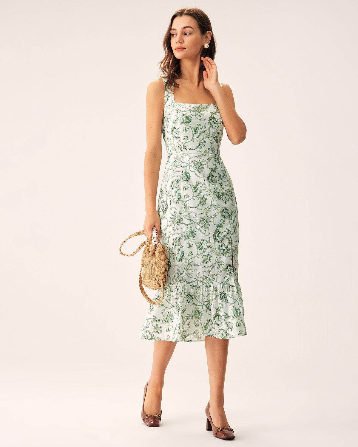 Green Floral Square Neck Midi Dress Product Image