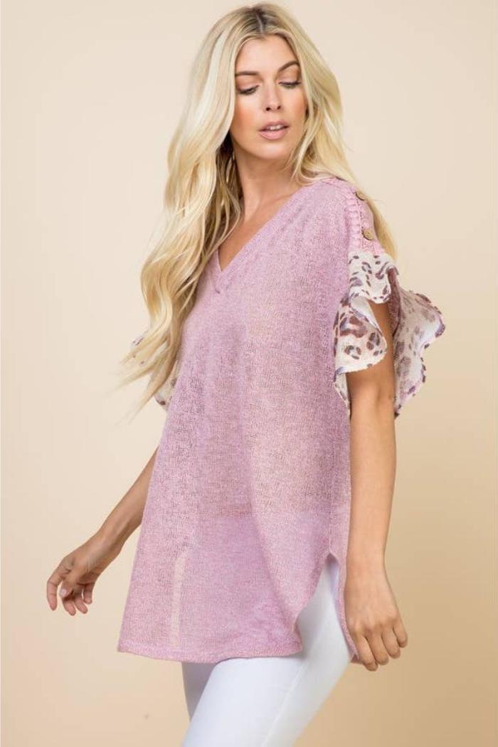 Lace Button Trim V Neck Top Product Image