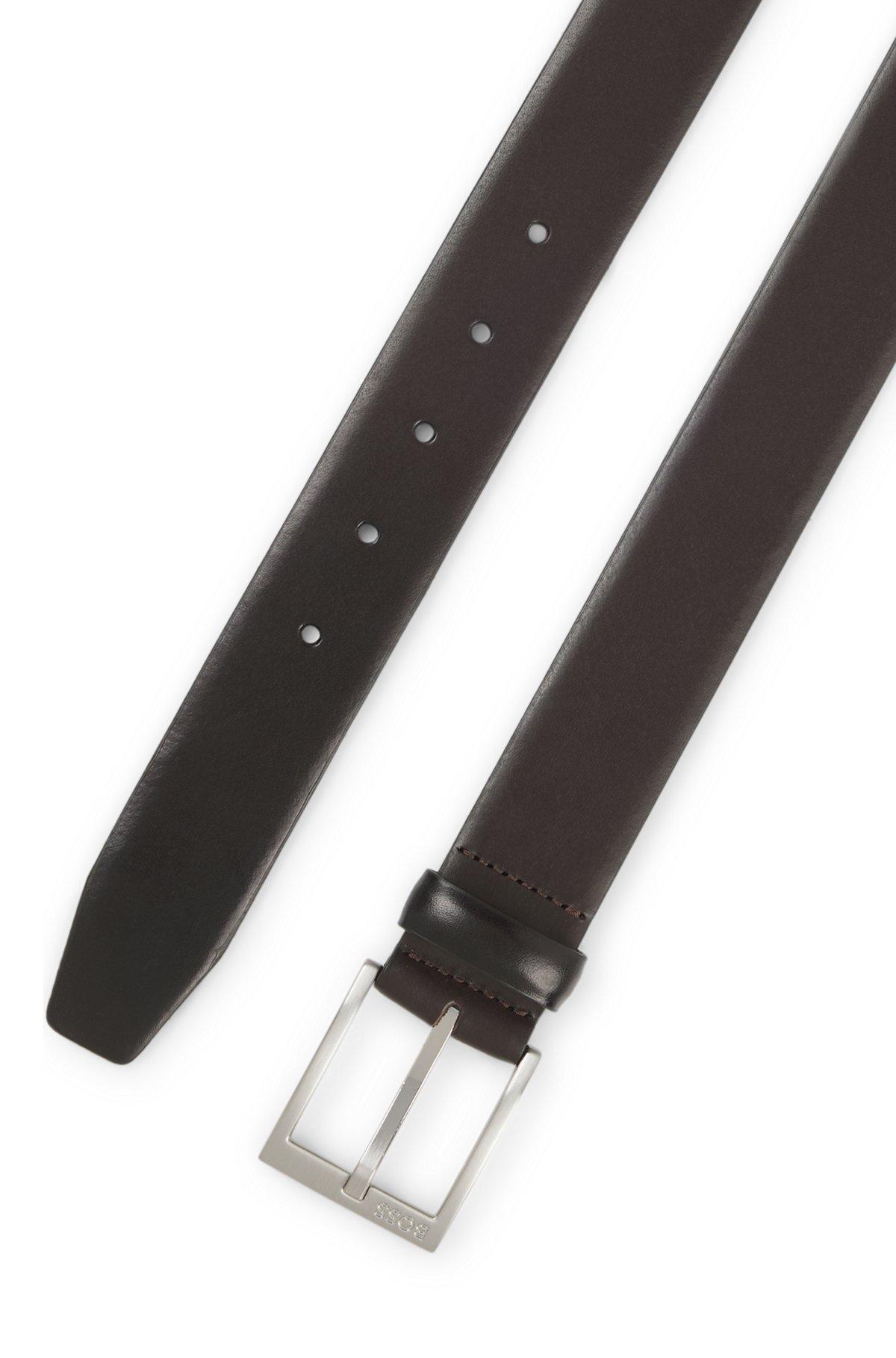 BOSS - Italian-leather belt with silver-toned buckle - Dark Brown Product Image