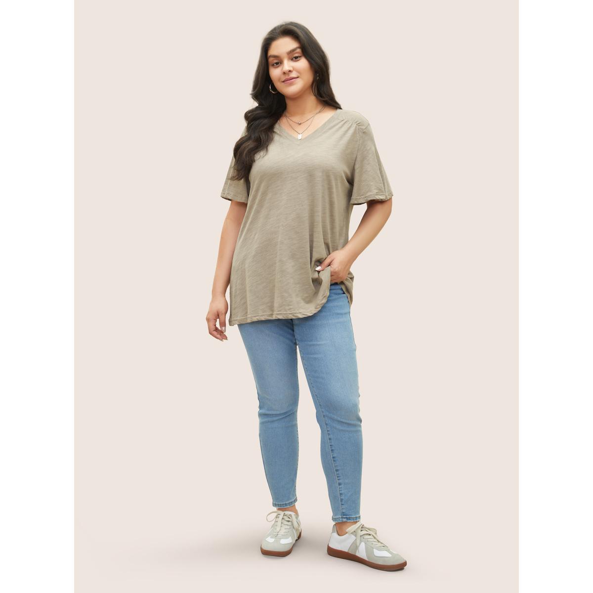Plus Size Plain Ruffle Sleeve Heather V Neck T-shirt LightBrown Women Casual Plain V-neck Everyday T-shirts BloomChic 14-16/1X Product Image