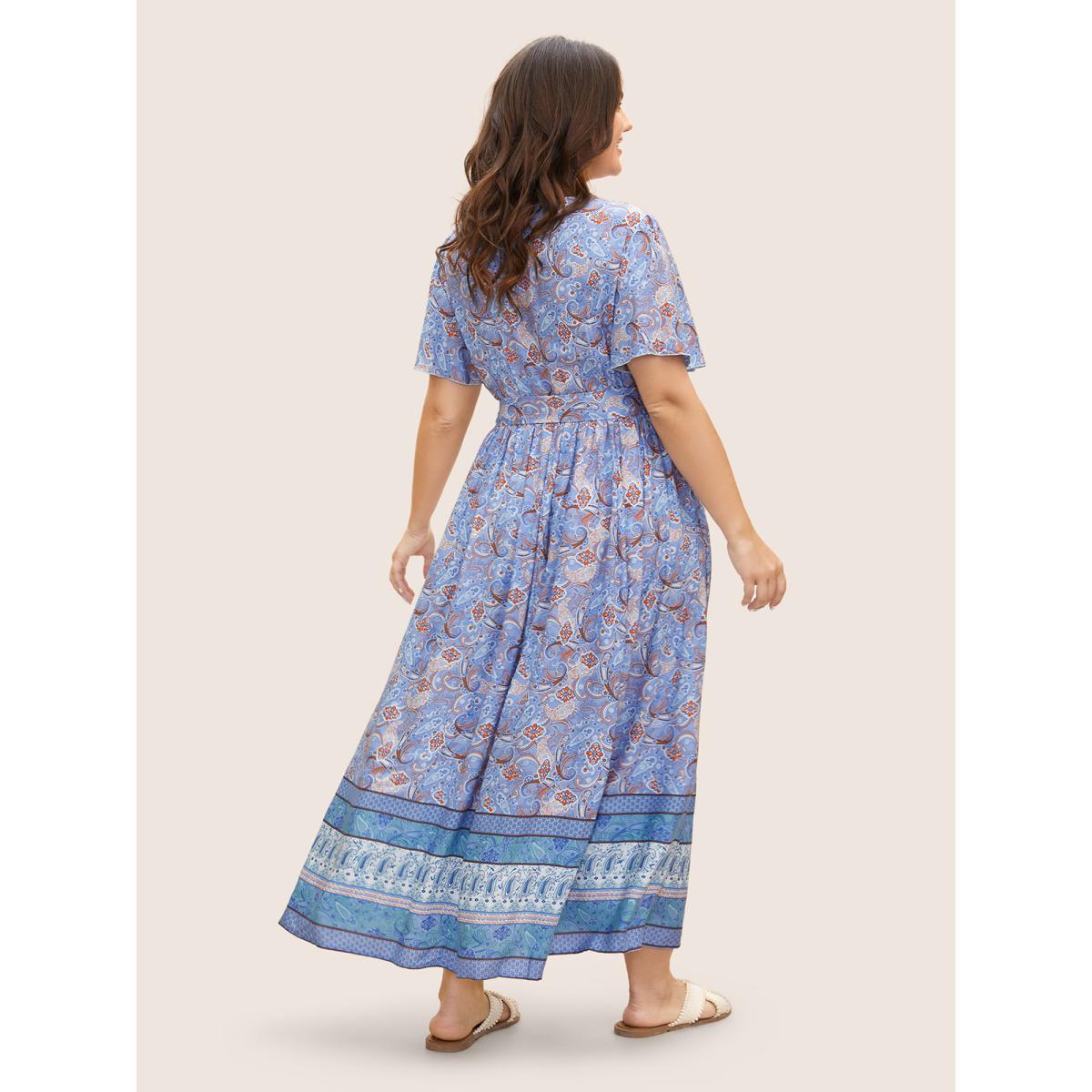 Plus Size Bandana Surplice Neck Pocket Belted Flutter Hem Maxi Dress LightBlue Women Resort Non V-neck Short sleeve Curvy Long Dress BloomChic 12/L Product Image