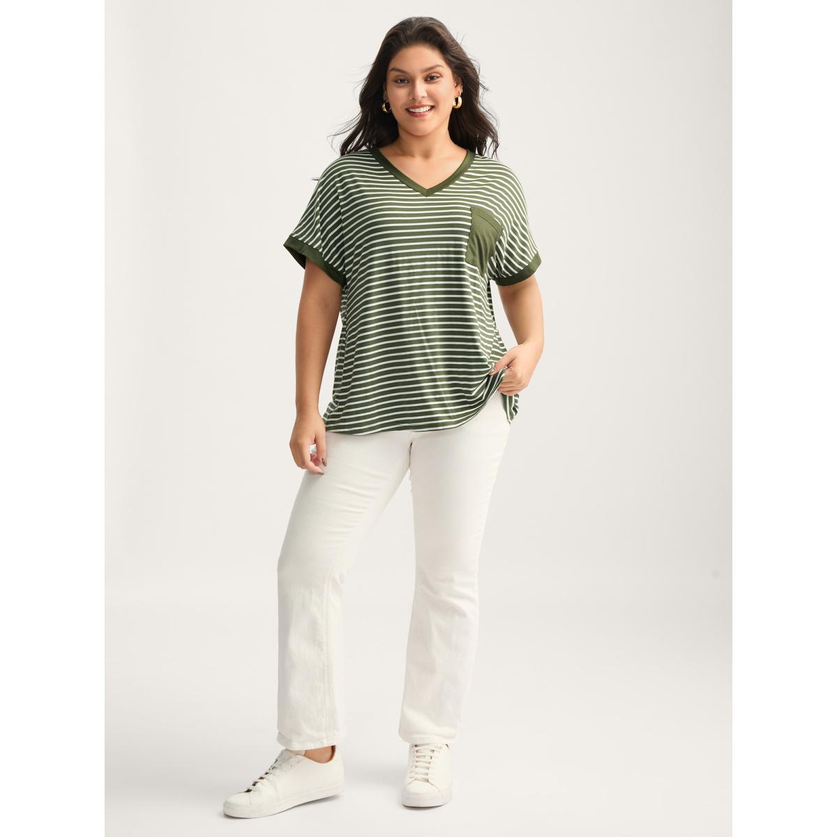 Plus Size Stripe Color Contrast Pockets T-Shirt ArmyGreen Women Contrast V-neck Everyday-Casual T-shirts BloomChic 22-24/3X Product Image