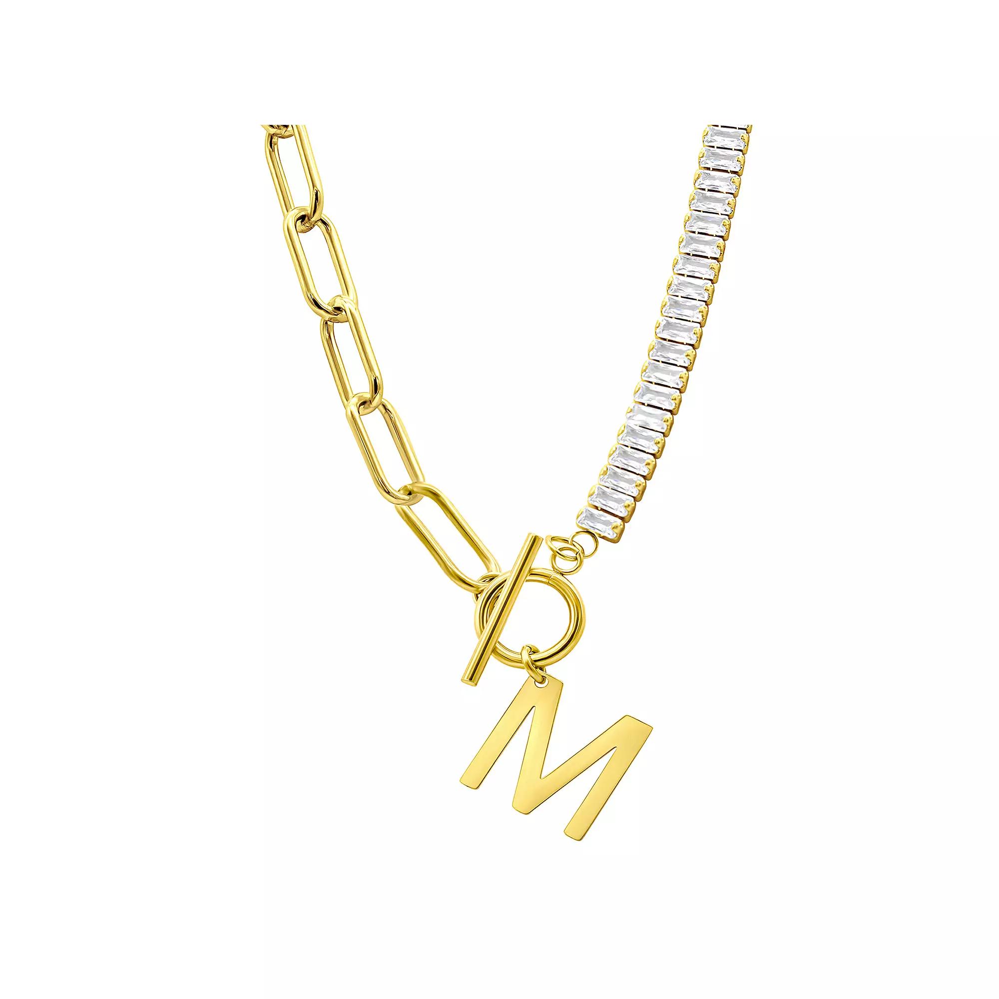 Adornia Gold Tone Half Crystal & Half Paperclip Initial Toggle Necklace, Womens Product Image